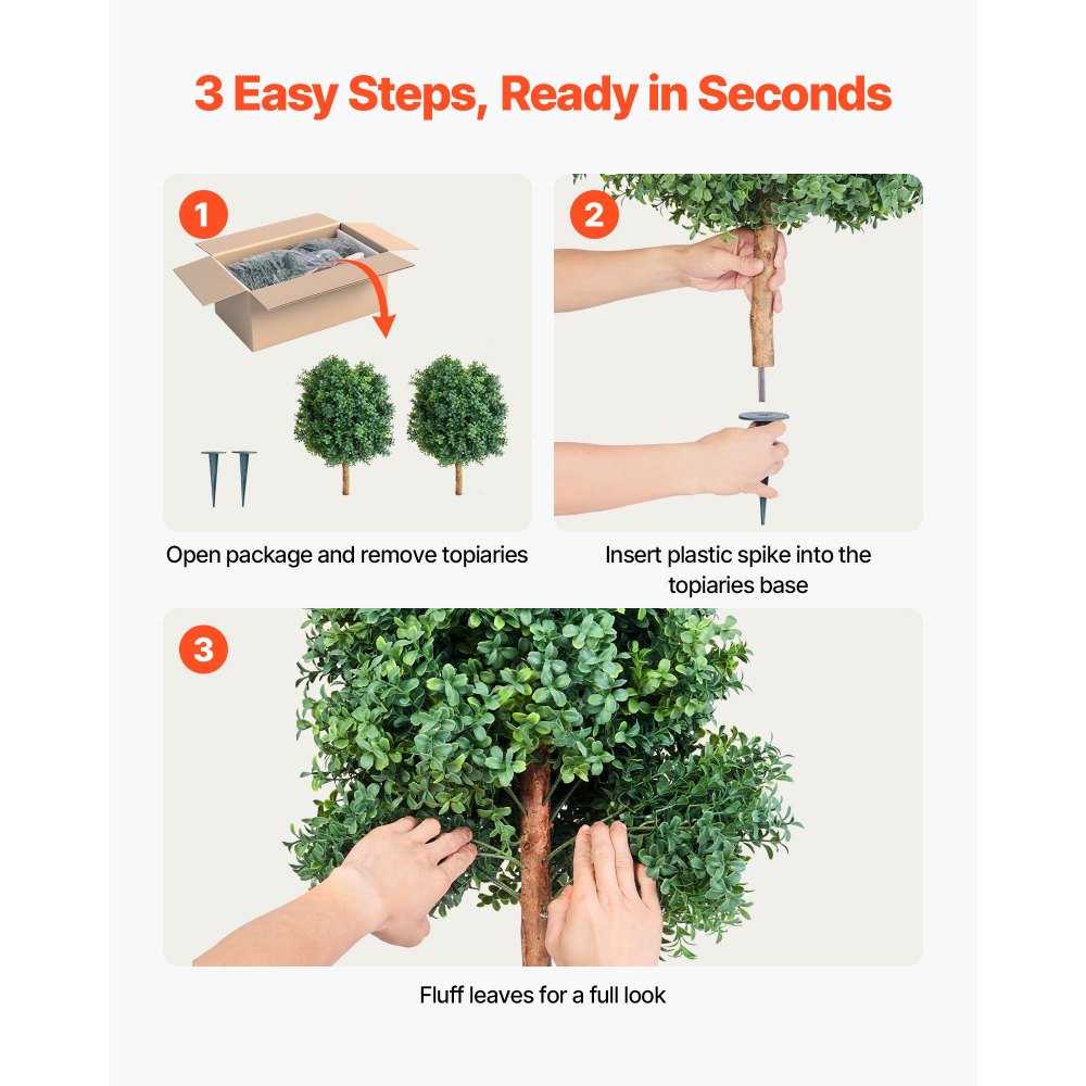 VEVOR Artificial Topiary Boxwood Trees with Ground Spike, 27 inch 2 Set Faux Shrubs & Bushes Potted Plants, Fake Silk Tree Look Real for Decor Front Porch Outdoor Indoor Patio Garden Balcony Backyard