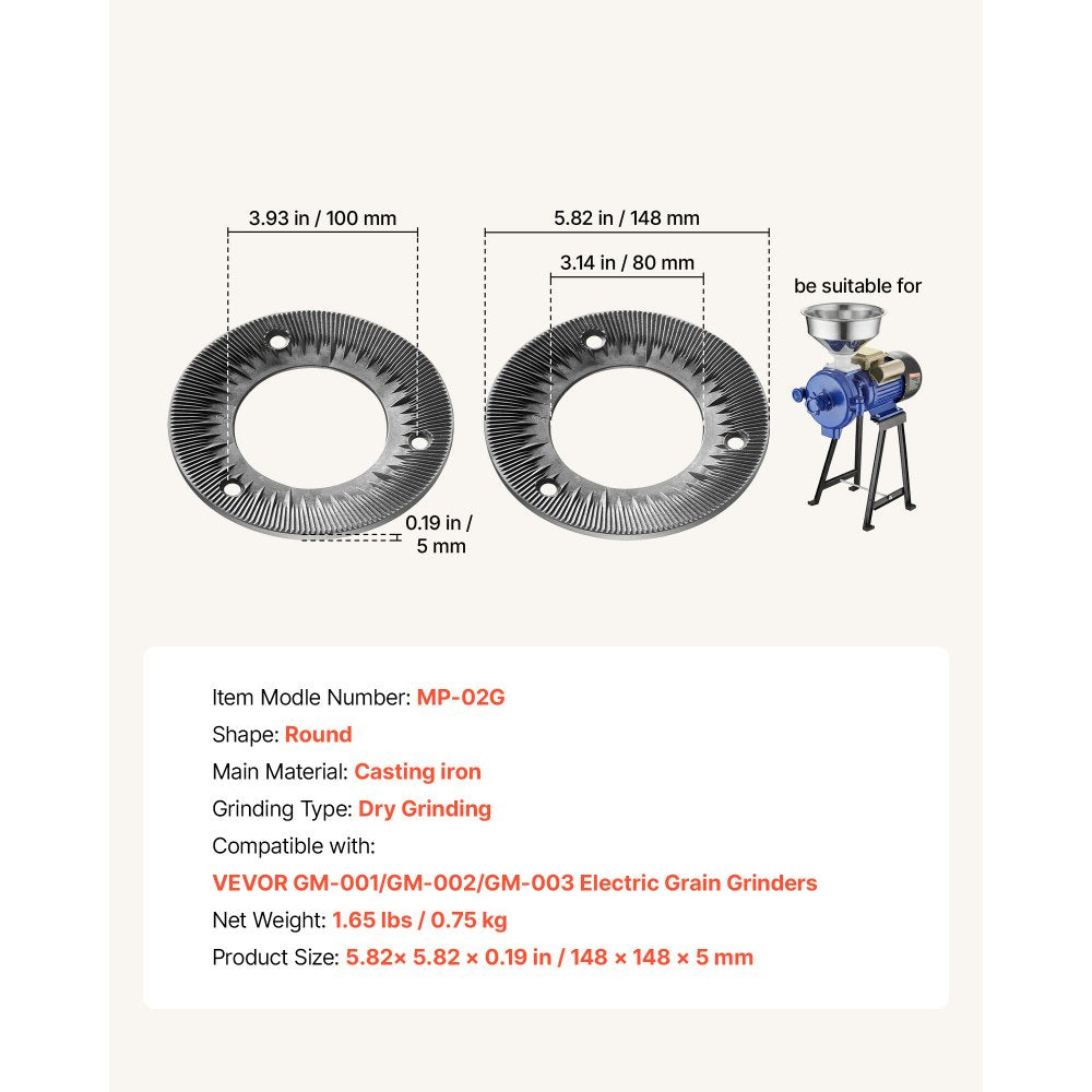VEVOR 2PCS Grinding Sheets for Electric Grain Mill Grinder, Cast Iron Dry Grinding Discs, Replacement Grinding Plates Compatible with VEVOR GM-001, GM-002, GM-003 Corn Spice Mill Grinder