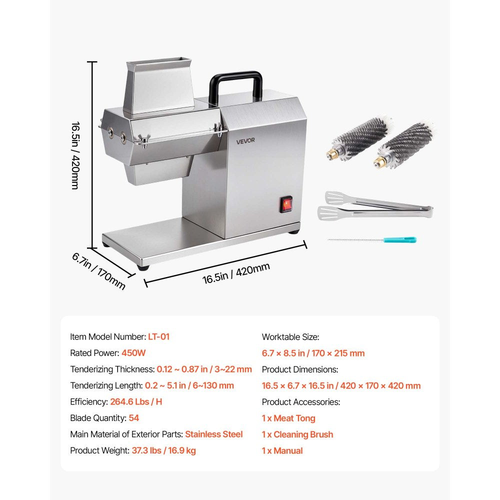VEVOR Commercial Meat Tenderizer, 450W Electric Beef Machine 265 Lbs/H, for Turkey Chicken Pork, Heavy Duty Stainless Steel Kitchen Tool with 54 Blades, Food Tong, Cleaning Brush, Wide Feed Chute