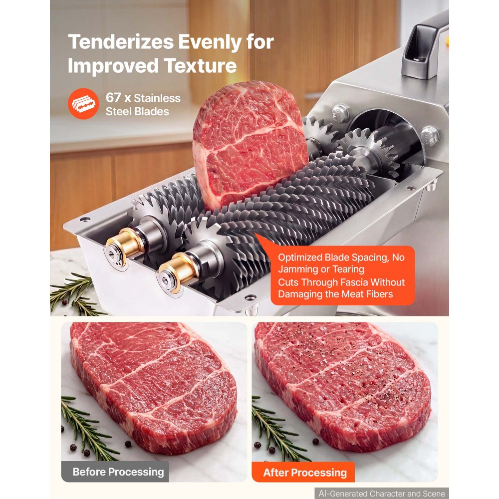 VEVOR Commercial Meat Tenderizer, 750W Electric Beef Machine 265 Lbs/H, for Turkey Chicken Pork, Heavy Duty Stainless Steel Kitchen Tool with 67 Blades, Food Tong, Cleaning Brush, Wide Feed Chute