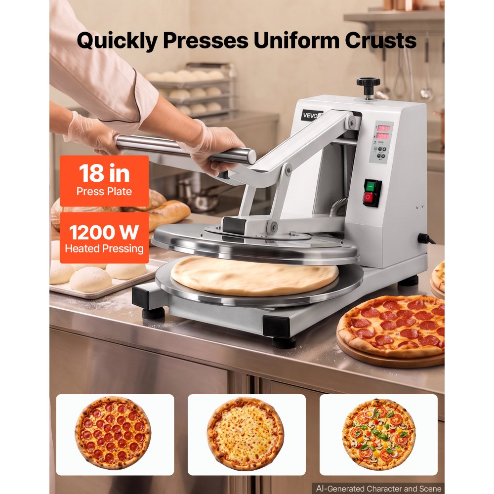VEVOR Commercial Pizza Dough Press Machine 18 in Electric Dough Sheeter, Ideal for Bakery Home Restaurant Use, 1200W Cast Aluminum Pastry Press Plate, Adjustable Thickness Bread Forming Presser