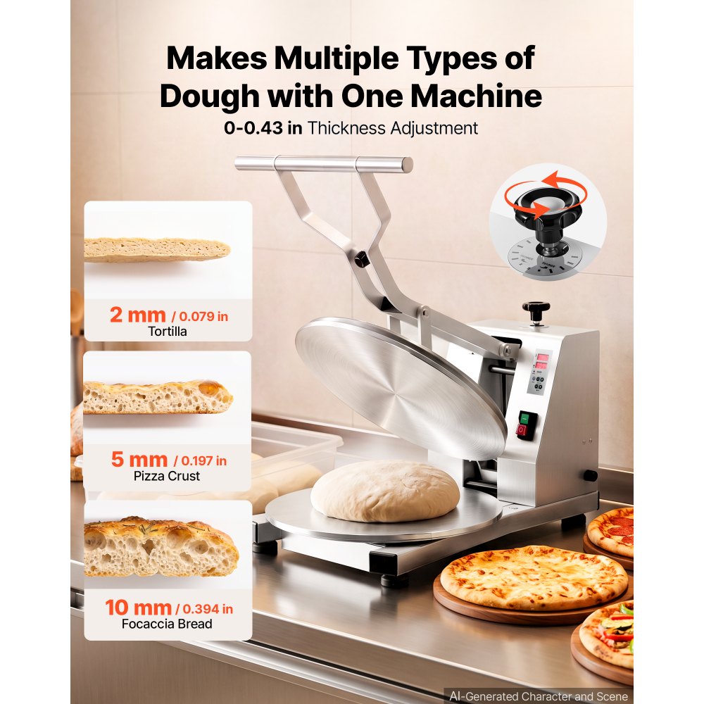 VEVOR Commercial Pizza Dough Press Machine 18 in Electric Dough Sheeter, Ideal for Bakery Home Restaurant Use, 1200W Cast Aluminum Pastry Press Plate, Adjustable Thickness Bread Forming Presser