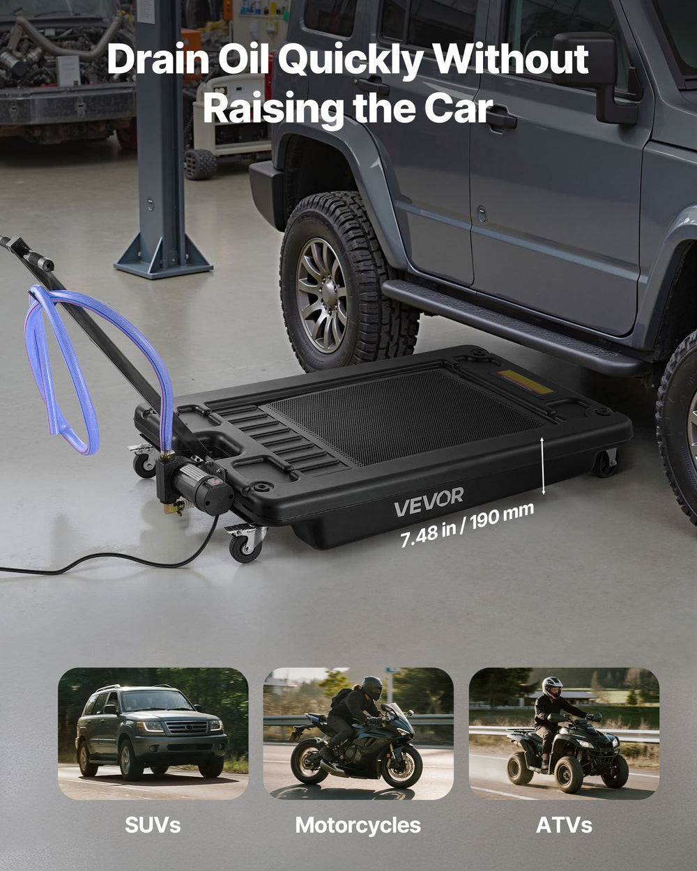 VEVOR Low Profile Oil Drain Pan, 17 Gallon Capacity, Rolling Oil Drain Pan with Electric Pump & 7.2 ft Hose, Leak-proof & Corrosion-resistant, Fit for Cars, SUVs, Trucks, Motorcycles, ATVs, Metal