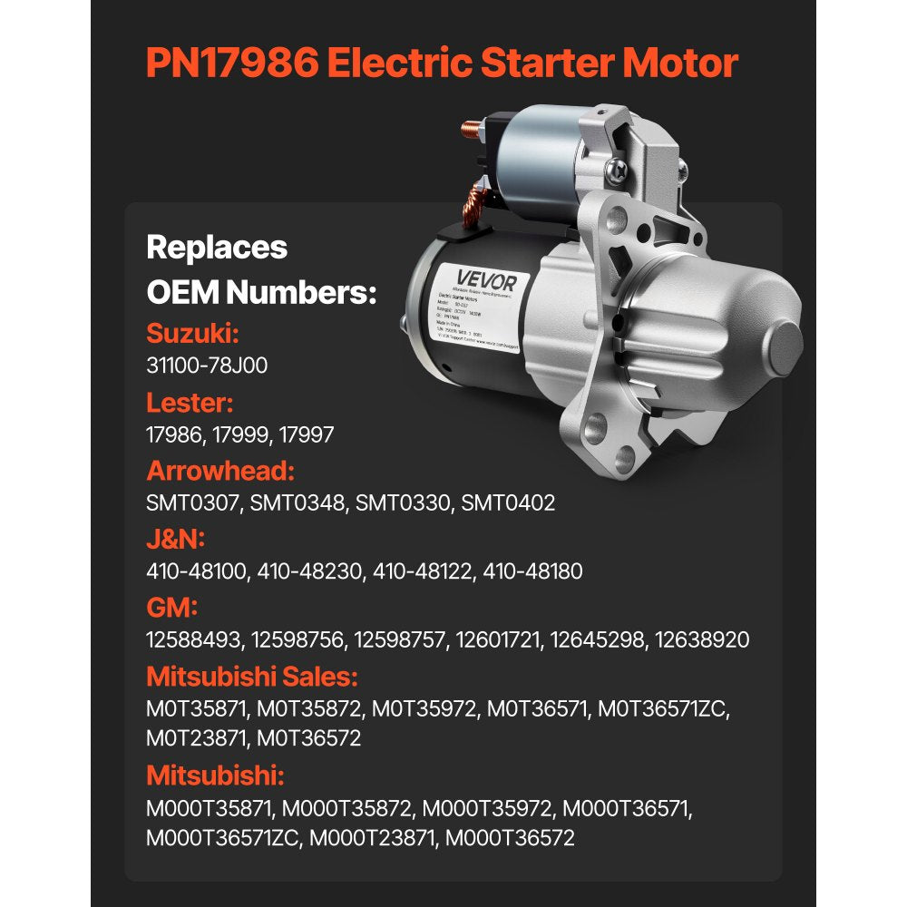 VEVOR Starter 17986, Starter Motor Replacement Compatible with Buick 3.6L V6 06-08, Cadillac SRX 3.0L V6 10-11, Chevrolet 3.6L V6 09-17, GMC Pontiac Saturn Suzuki, OEM 12588493 M000T35871 31100-78J00