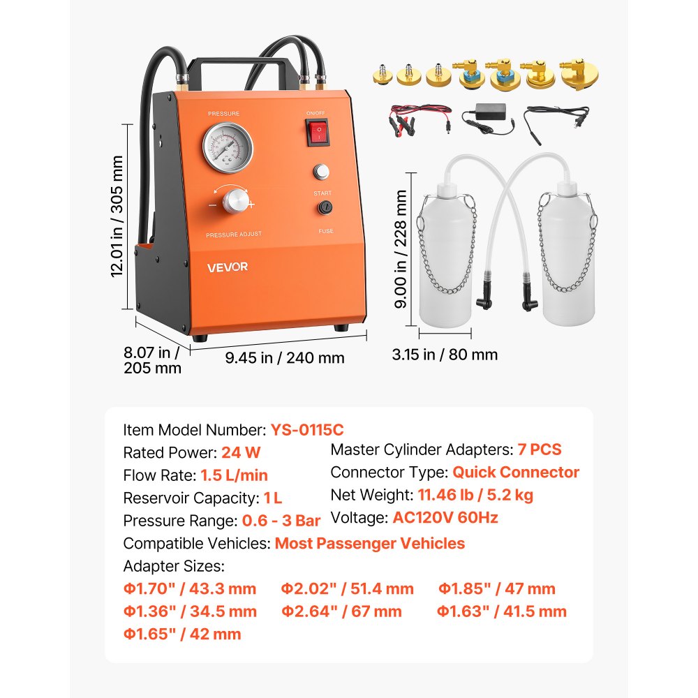 VEVOR Electric Brake Bleeder Kit, 120V Automatic Brake Fluid Bleeding Kit with 7 Master Cylinder Adapters & Dual Power Supplies, 0.6 - 3 Bar Brake Pressure Bleeder Pump Fits Most Passenger Vehicles