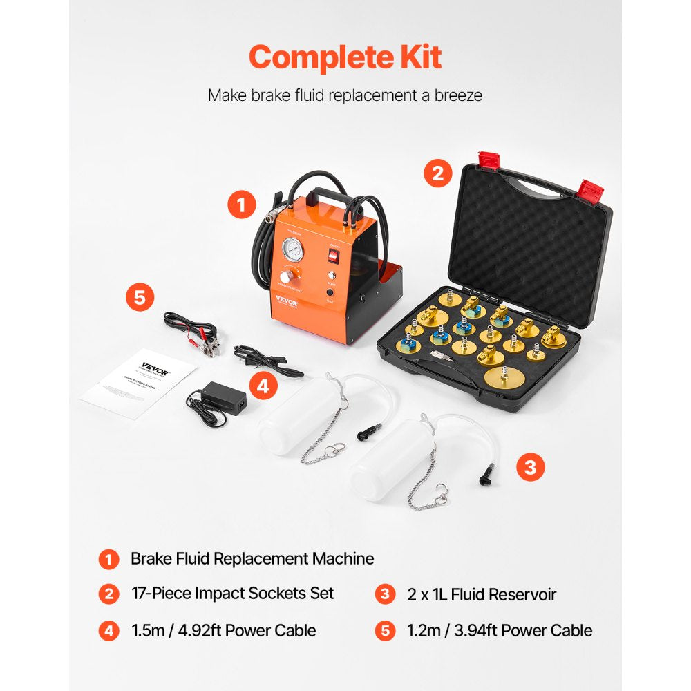 VEVOR Electric Brake Bleeder Kit, Professional 110V Brake Master Cylinder Bleeder Kit with Pressure Gauge & Built-In Air Pump, Versatile Brake Bleeder Adapter Set for Both DC & AC Power