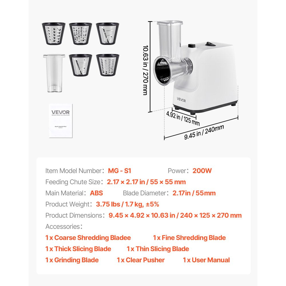 VEVOR Electric Cheese Grater Salad Maker, 200W Salad Shooter, Electric Vegetable Slicer Shredder Chopper for Fruits with 5 Attachments, Stainless Steel Food Cutter for Vegetables, and Cheeses