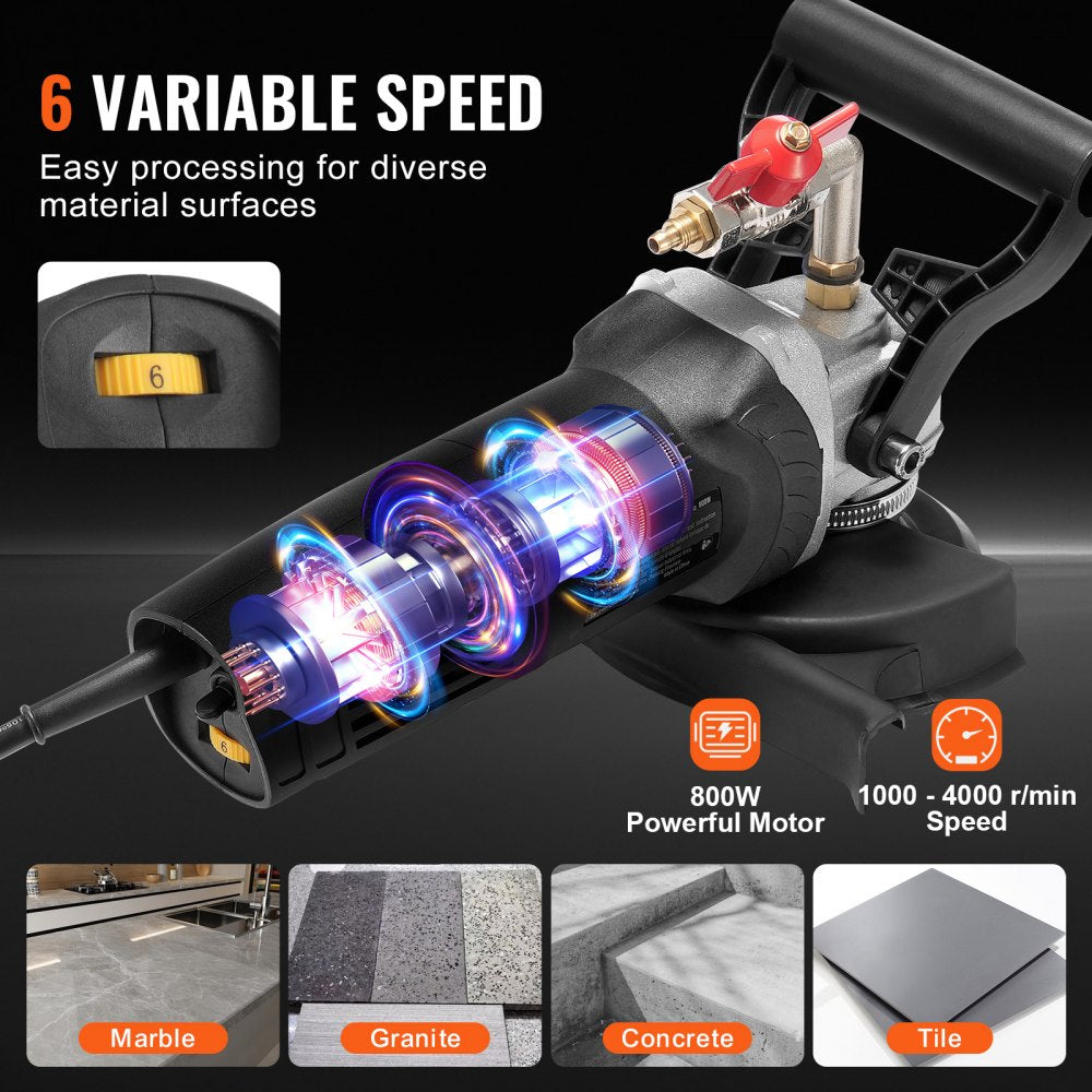VEVOR Wet Polisher 800W, 4" Concrete Grinder with 6 Variable Speed and 7 Polishing Kits, Wet Grinder Machine for Marble, Granite, Stone, Rock, Tile, Equipped with a GFCI Switch, (1000 - 4000 RPM)