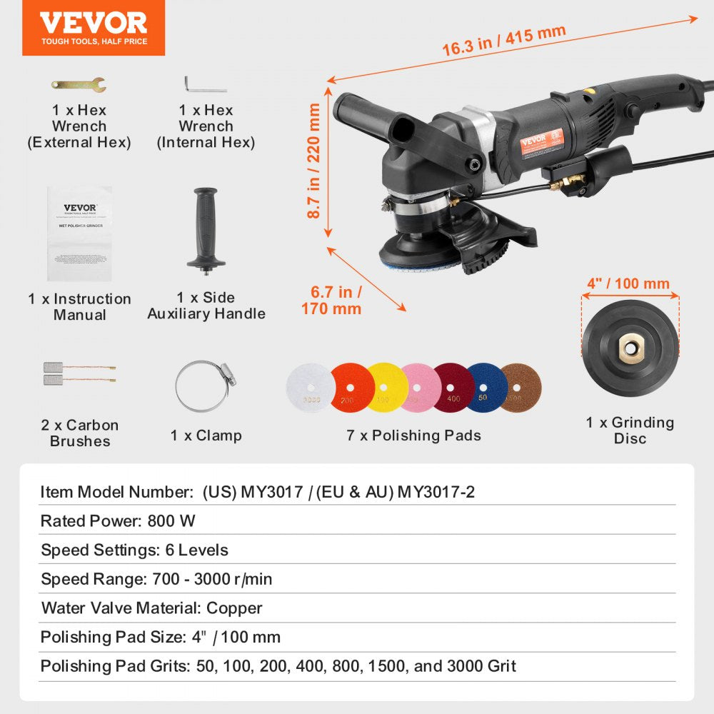 VEVOR Wet Polisher 800W, 4" Concrete Grinder with 6 Variable Speed and 7 Polishing Kits, Wet Grinder Machine for Marble, Granite, Stone, Rock, Tile, Equipped with a GFCI Switch, (700 - 3000 RPM)