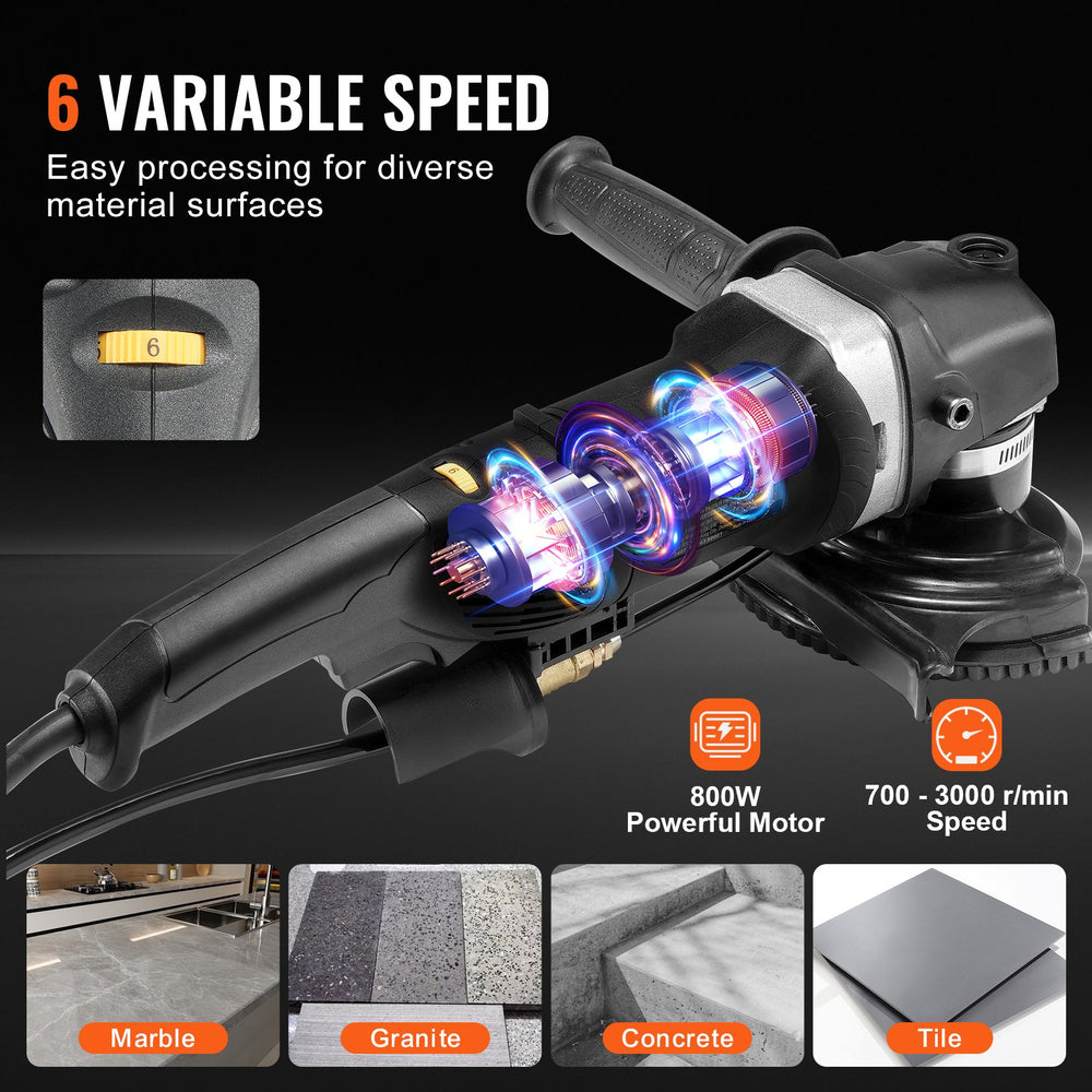 VEVOR Wet Polisher 800W, 4" Concrete Grinder with 6 Variable Speed and 7 Polishing Kits, Wet Grinder Machine for Marble, Granite, Stone, Rock, Tile, Equipped with a GFCI Switch, (700 - 3000 RPM)