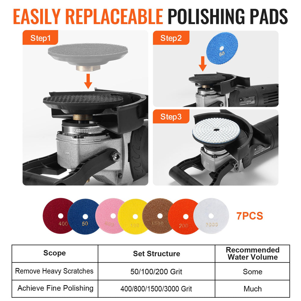 VEVOR Wet Polisher 800W, 4" Concrete Grinder with 6 Variable Speed and 7 Polishing Kits, Wet Grinder Machine for Marble, Granite, Stone, Rock, Tile, Equipped with a GFCI Switch, (700 - 3000 RPM)
