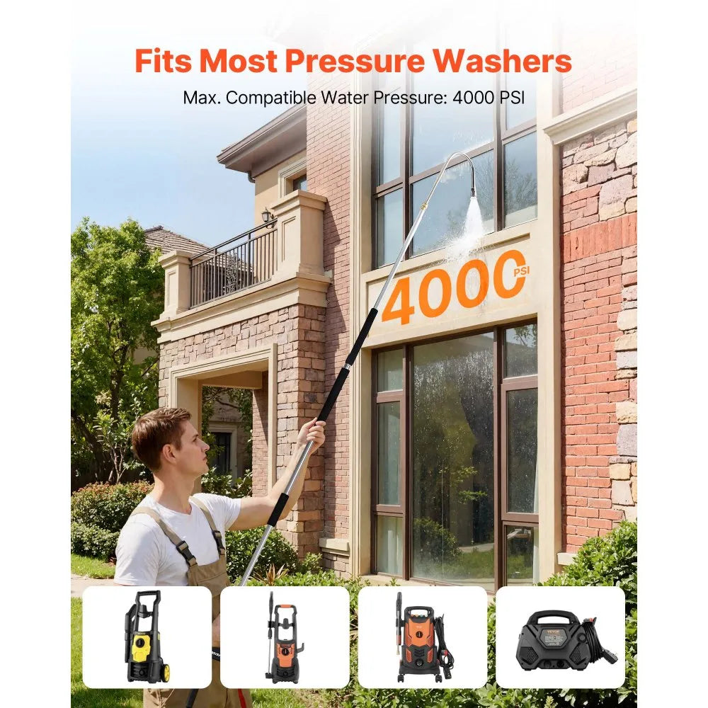 VEVOR 9 FT Pressure Washer Telescoping Wand, 3-Section with Power Washer Extension Wands, 7 Nozzles, Hose Adapter, Support Belt, Storage Bag, 4000 PSI Telescopic Gutter Cleaner for High Cleaning