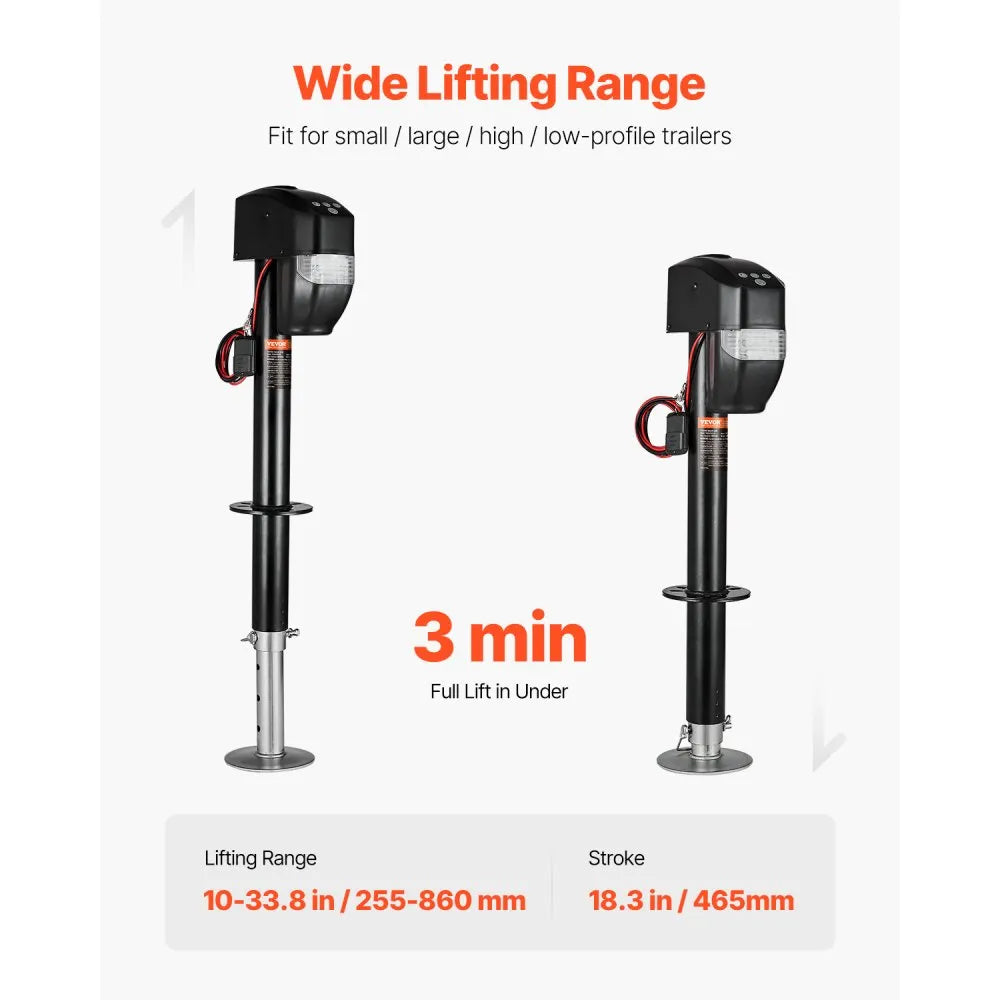 VEVOR Electric Trailer Jack, 5000 lbs, Heavy Duty RV Electric Power Tongue Jack with 2 Way Connector, Remote Control, Crank Handle & Weatherproof Jack Cover, 10"-28.3" Lift, for Trailers & Campers