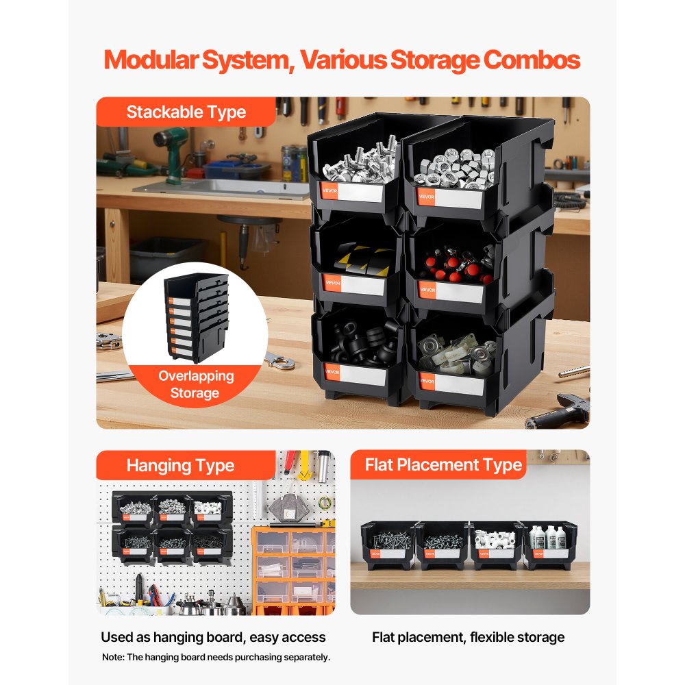 VEVOR Plastic Stackable Storage Bins, 14.8 x 8.5 x 7.1 inch (12 Pack), Plastic Containers for Organizing & Storage Bins for Garage, Small Parts, Office Supplies, Other Accessories, Black & Transparent