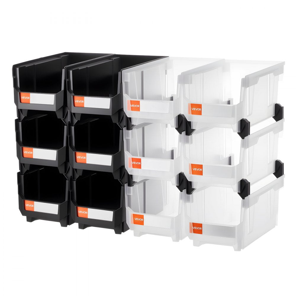 VEVOR Plastic Stackable Storage Bins, 14.8 x 8.5 x 7.1 inch (12 Pack), Plastic Containers for Organizing & Storage Bins for Garage, Small Parts, Office Supplies, Other Accessories, Black & Transparent