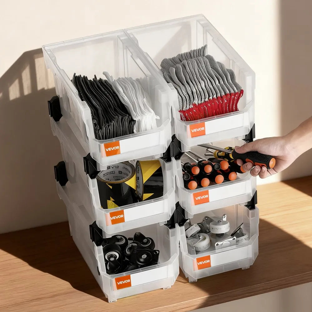 VEVOR Plastic Stackable Storage Bins, 14.8 x 8.5 x 7.1 inch (6 Pack), Plastic Containers for Organizing & Storage Bins for Closet, Garage, Small Parts, Office Supplies, Other Accessories, Transparent