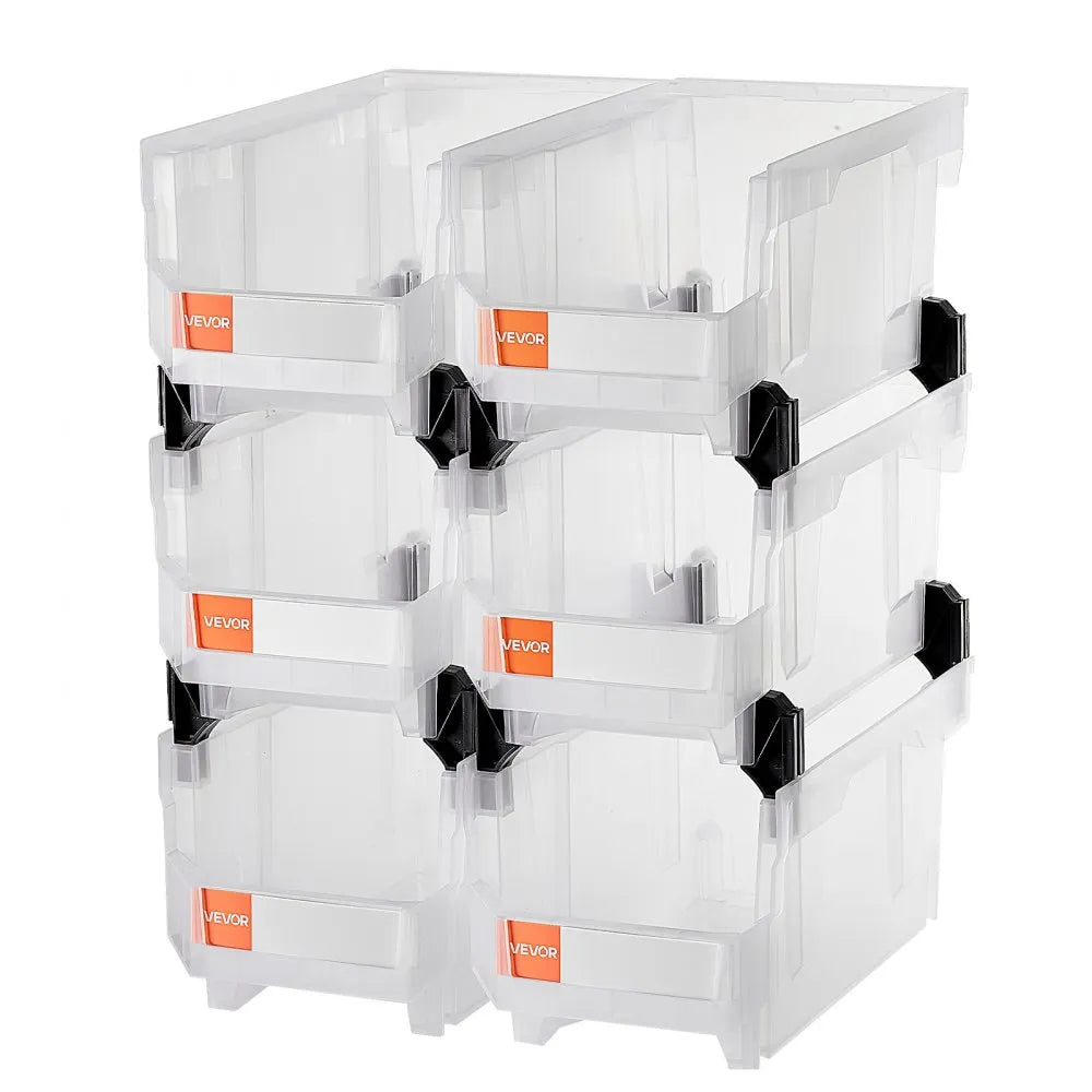 VEVOR Plastic Stackable Storage Bins, 14.8 x 8.5 x 7.1 inch (6 Pack), Plastic Containers for Organizing & Storage Bins for Closet, Garage, Small Parts, Office Supplies, Other Accessories, Transparent