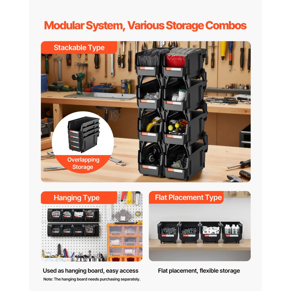 VEVOR Plastic Stackable Storage Bins, 10.9 x 5.5 x 5.1 inch (8 Pack), Plastic Containers for Organizing and Storage Bins for Closet, Garage, Small Parts, Office Supplies and Other Accessories, Black