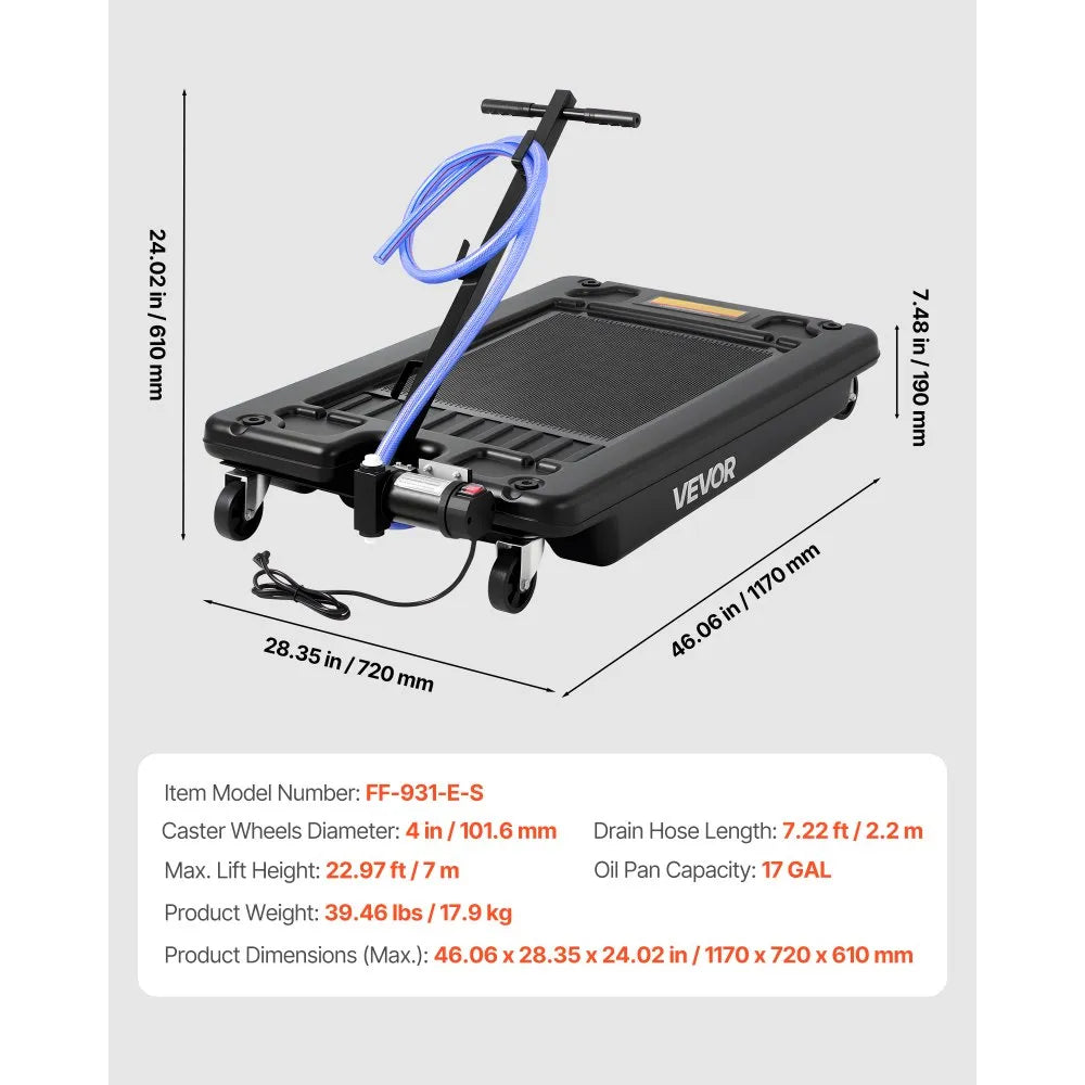 VEVOR Low Profile Oil Drain Pan, 17 Gallon Capacity, Rolling Oil Drain Pan with Electric Pump, 7.2 ft Hose & T Folding Handle, Leak-proof & Corrosion-resistant, Fit for Cars, SUVs, Trucks, ATVs, Black