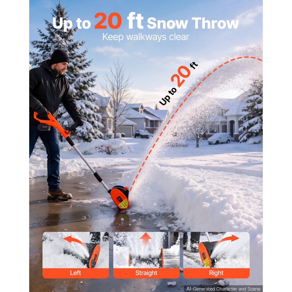 VEVOR Electric Snow Shovel 20V 12" Battery-Powered Cordless Snow Blower, for Driveway Patio Deck, Includes 4Ah Battery and Charger, 20 ft Throw Distance, 60° Chute, LED Light & Adjustable Handle