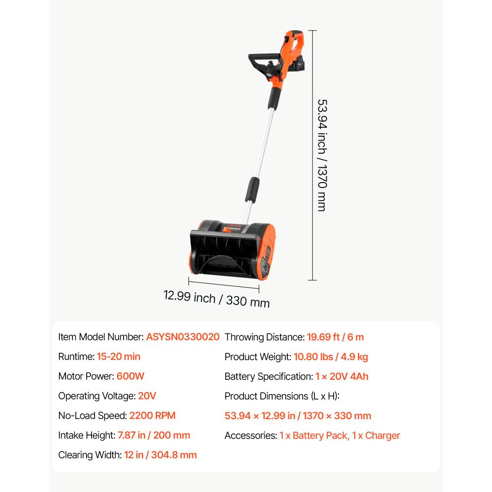 VEVOR Electric Snow Shovel 20V 12" Battery-Powered Cordless Snow Blower, for Driveway Patio Deck, Includes 4Ah Battery and Charger, 20 ft Throw Distance, 60° Chute, LED Light & Adjustable Handle