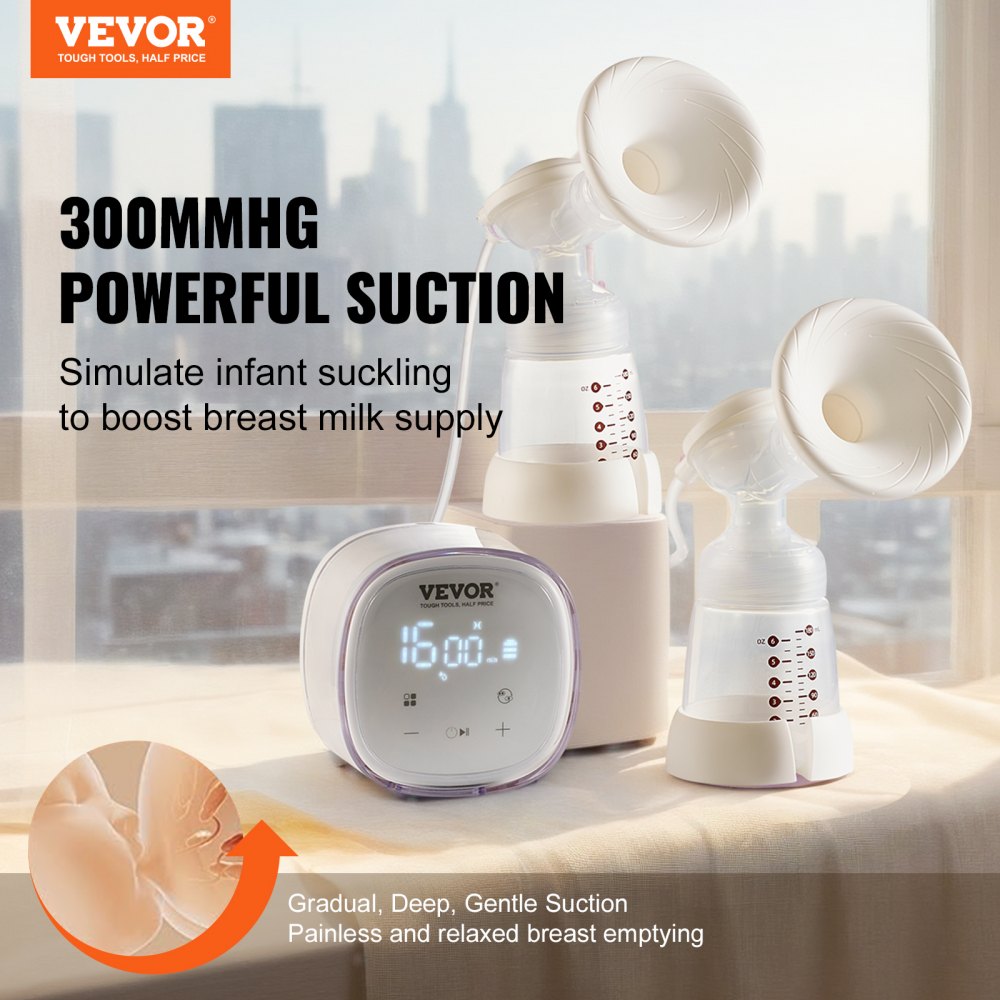 VEVOR Breast Pump, Double Electric Breast Pumps, 4 Modes & 16 Levels, 300mmHg Strong Suction, 2800mAH Rechargeable Anti-Backflow Breastfeeding Pump with LED Display, 18/21mm Inserts, 24/28mm Flanges