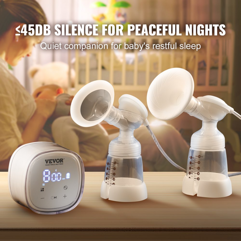 VEVOR Breast Pump, Double Electric Breast Pumps, 4 Modes & 16 Levels, 300mmHg Strong Suction, 2800mAH Rechargeable Anti-Backflow Breastfeeding Pump with LED Display, 18/21mm Inserts, 24/28mm Flanges