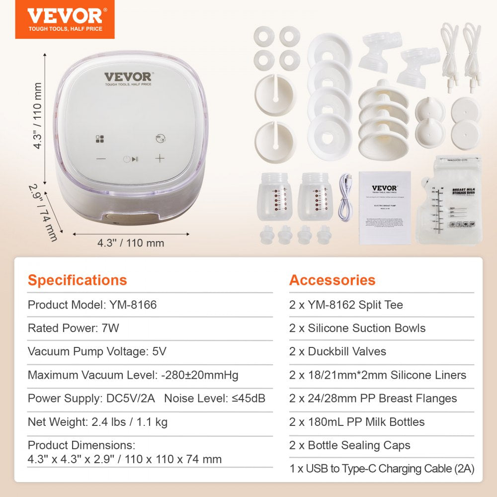 VEVOR Breast Pump, Double Electric Breast Pumps, 4 Modes & 16 Levels, 300mmHg Strong Suction, 2800mAH Rechargeable Anti-Backflow Breastfeeding Pump with LED Display, 18/21mm Inserts, 24/28mm Flanges