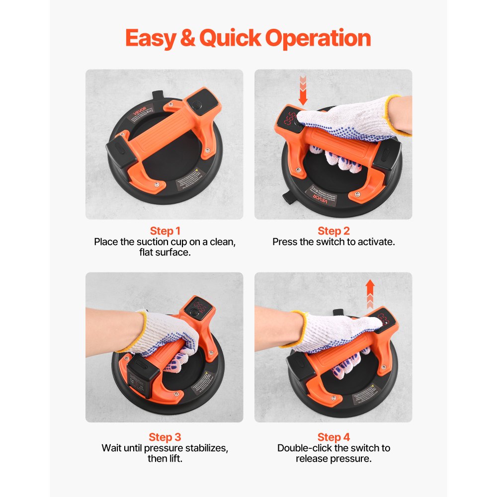 VEVOR Electric Suction Cup, 8-Inch Vacuum Glass Lifter with Digital Display for Suction Power & Battery Level, 440 lbs Max Lifting Capacity Tile Suction Cup Tool for Lifting Tile, Granite (1-Pack)