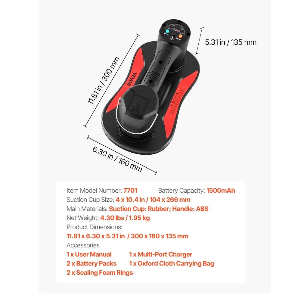 VEVOR Electric Vacuum Suction Cup, 375 lbs Max Lifting Capacity, Vacuum Glass Lifter with Digital Display, Heavy Duty Tile Suction Cup Tool for Lifting Tile, Granite, Wood, Paver, Drywall, Windows