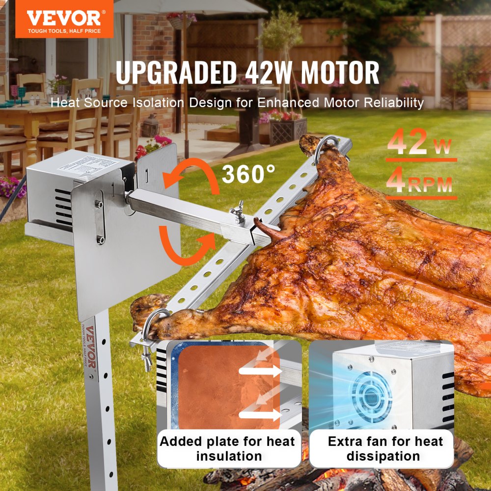 VEVOR Electric BBQ Rotisserie Grill Kit, 46 Inch 90 lbs Capacity, Automatic 42W Motor Height Adjustable Universal Roaster Stand, Stainless Steel Grilling Kit, Spit Rod with Heat Shield for Pig Lamb