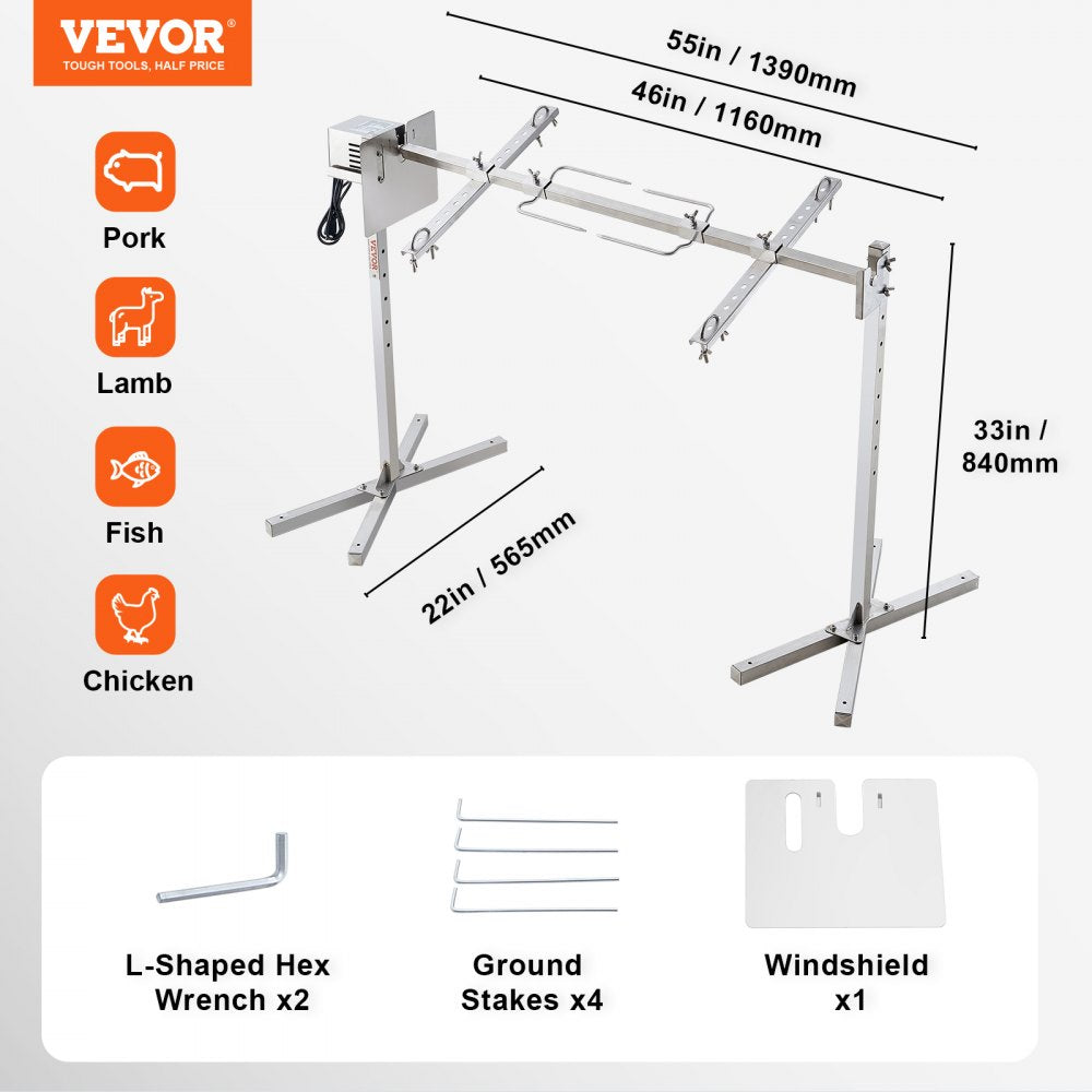 VEVOR Electric BBQ Rotisserie Grill Kit, 46 Inch 132 lbs Capacity, Automatic 52W Motor Height Adjustable Universal Roaster Stand, Stainless Steel Grilling Kit, Spit Rod with Heat Shield for Pig Lamb
