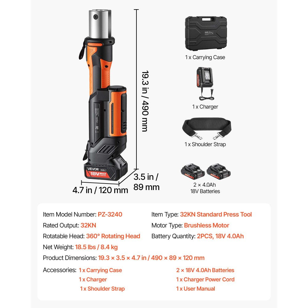 VEVOR Press Tool, 18V Electric Pipe Crimping Tool, 32KN Powerful Standard Output, Brushless Motor, 360 ° Rotating Head, with 2pcs 4AH Battery, Fast Charger & Toolbox (JAWS NOT INCLUDED)
