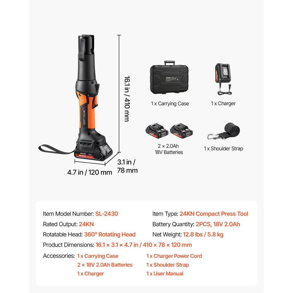 VEVOR Press Tool, 18V Electric Pipe Crimping Tool, 24KN Compact Stable Output, 360 ° Rotating Head, Straight-Style, with 2pcs 2AH Battery, Fast Charger & Toolbox (JAWS NOT INCLUDED)