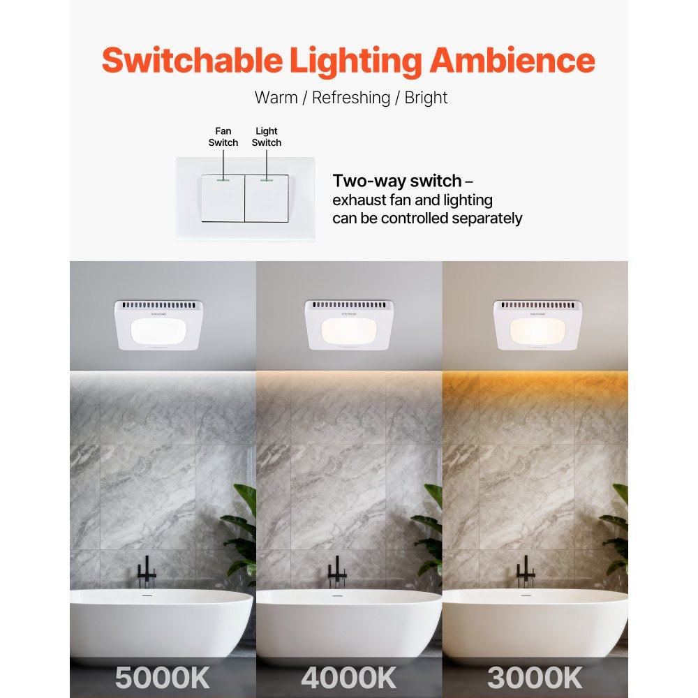 VEVOR Bathroom Exhaust Fan with LED Light, 80 CFM Bathroom Vent Three Gear Color Temp, 1.5 Sones Low-Noise, Premium AC Motor Ceiling Fan for Laundry Room, Storage Room, Home Ventilation, White