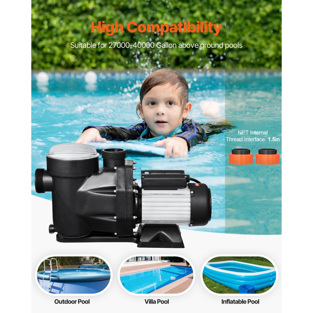 VEVOR Above Ground Pool Pump, 2.5 HP, 148 GPM Max Flow Single Speed Swimming Pool Pump, 220V 3450 RPM 62 ft Max Head Lift with PP Shell Strainer Basket, 122°F Max Water Temperature, for Hot Tubs Spas