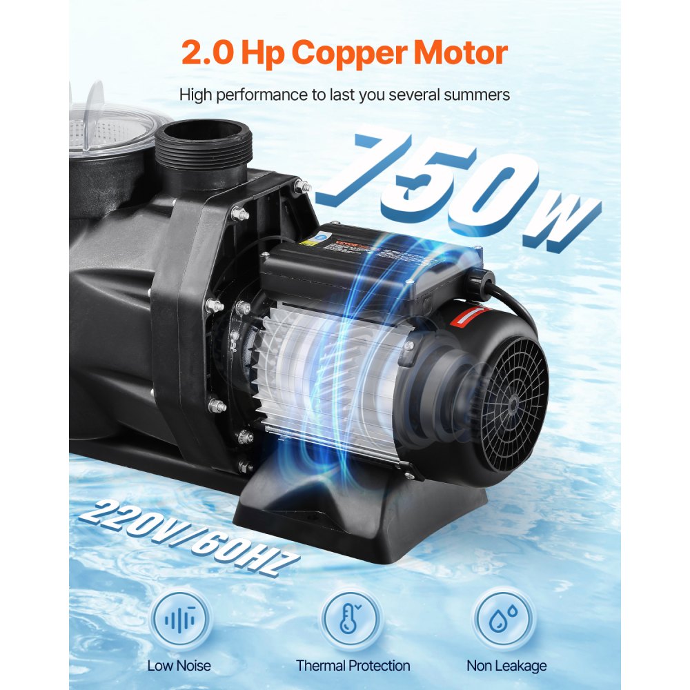 VEVOR Above Ground Pool Pump, 2 HP, 135 GPM Max Flow Single Speed Swimming Pool Pump, 220V 3450 RPM 61 ft Max Head Lift with PP Shell Strainer Basket, 122°F Max Water Temp, for Hot Tubs Spas, No Plug
