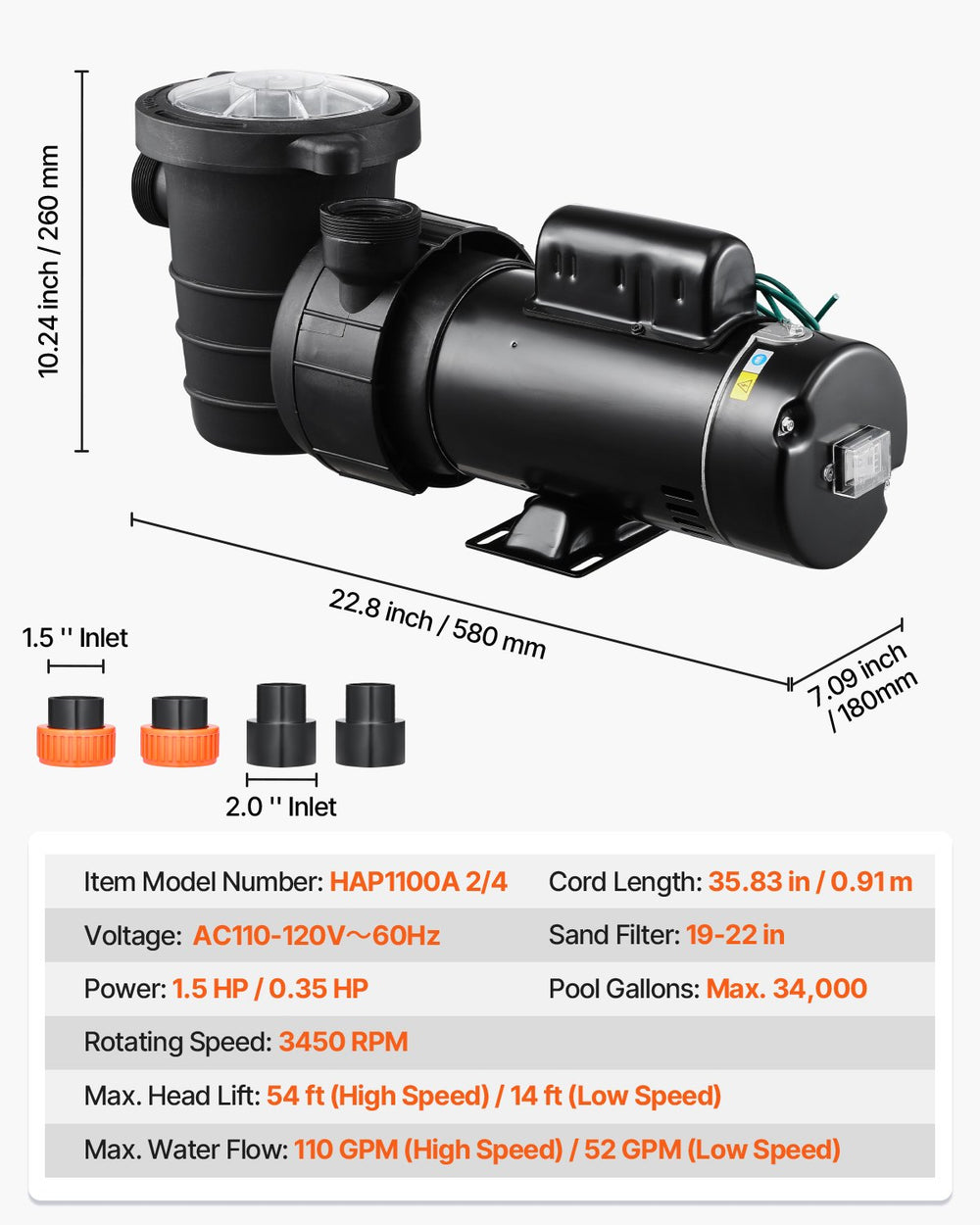 VEVOR Above Ground Pool Pump, 1.5HP/0.35HP, Dual Speed Swimming Pool Pump, High 110 GPM 54 ft Lift, Low 52 GPM 14 ft Lift, 110V 3450 RPM with Strainer Basket, 122°F Max Water Temp, for Hot Tubs Spas