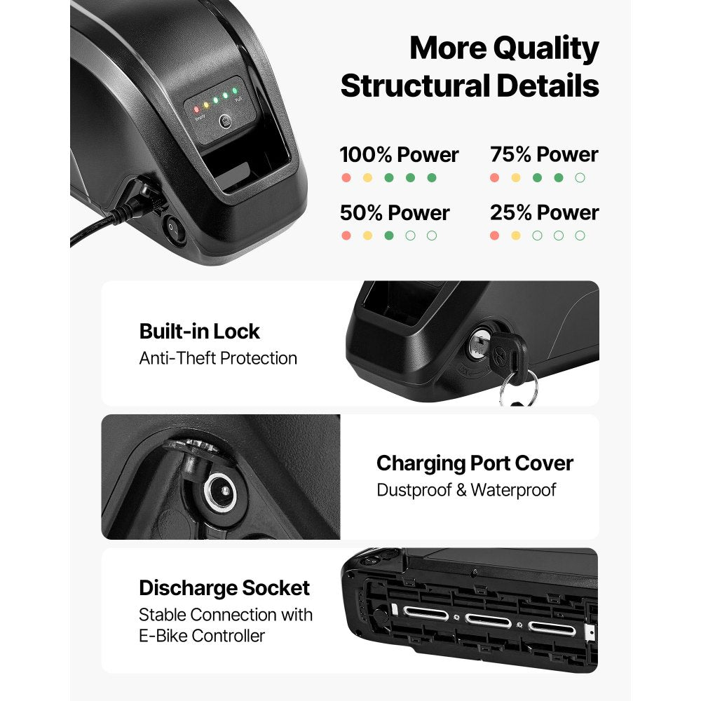 VEVOR Ebike Battery, 48V 13Ah Electric Bike Lithium Battery Pack with BMS, 3A Charger and Lock for 1000W E-Bike Motor, Detachable Electric Bicycle Replacement Kit with Indicator & Discharge Socket
