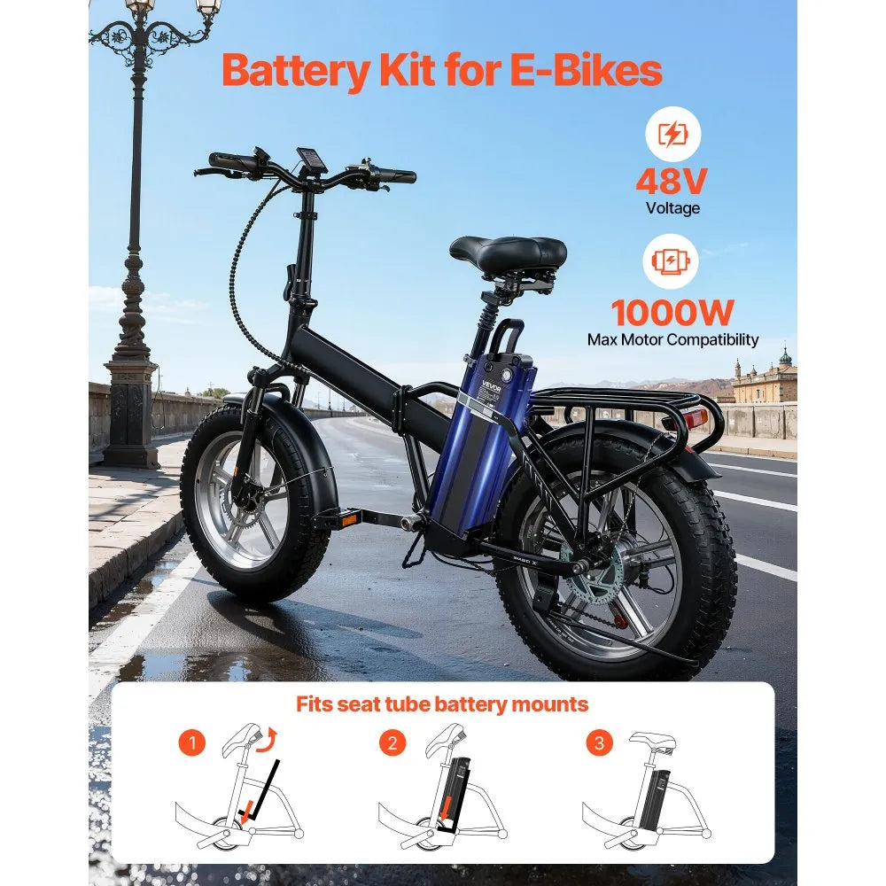 VEVOR Ebike Battery, 48V 15.6Ah Electric Bike Lithium Battery Pack with BMS, 3A Charger and Lock for 1000W E-Bike Motor, Detachable Electric Bicycle Replacement Kit with Indicator & Discharge Socket