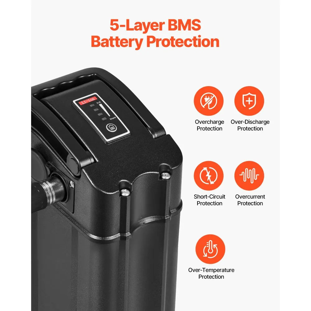 VEVOR Ebike Battery, 48V 15.6Ah Electric Bike Lithium Battery Pack with BMS, 3A Charger and Lock for 1000W E-Bike Motor, Detachable Electric Bicycle Replacement Kit with Indicator & Discharge Socket