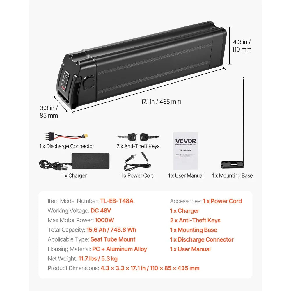 VEVOR Ebike Battery, 48V 15.6Ah Electric Bike Lithium Battery Pack with BMS, 3A Charger and Lock for 1000W E-Bike Motor, Detachable Electric Bicycle Replacement Kit with Indicator & Discharge Socket
