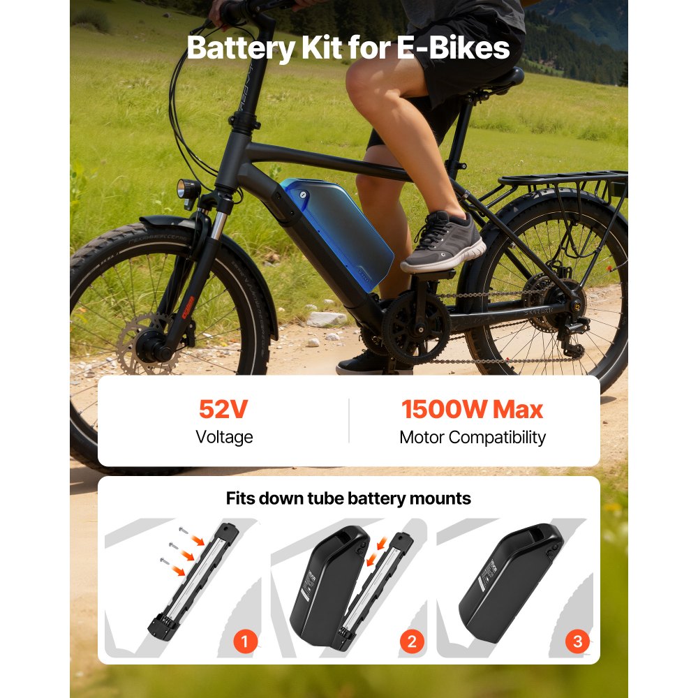 VEVOR Ebike Battery, 52V 20Ah Electric Bike Lithium Battery Pack with BMS, 3A Charger and Lock for 1500W E-Bike Motor, Detachable Electric Bicycle Replacement Kit with Indicator & Discharge Socket