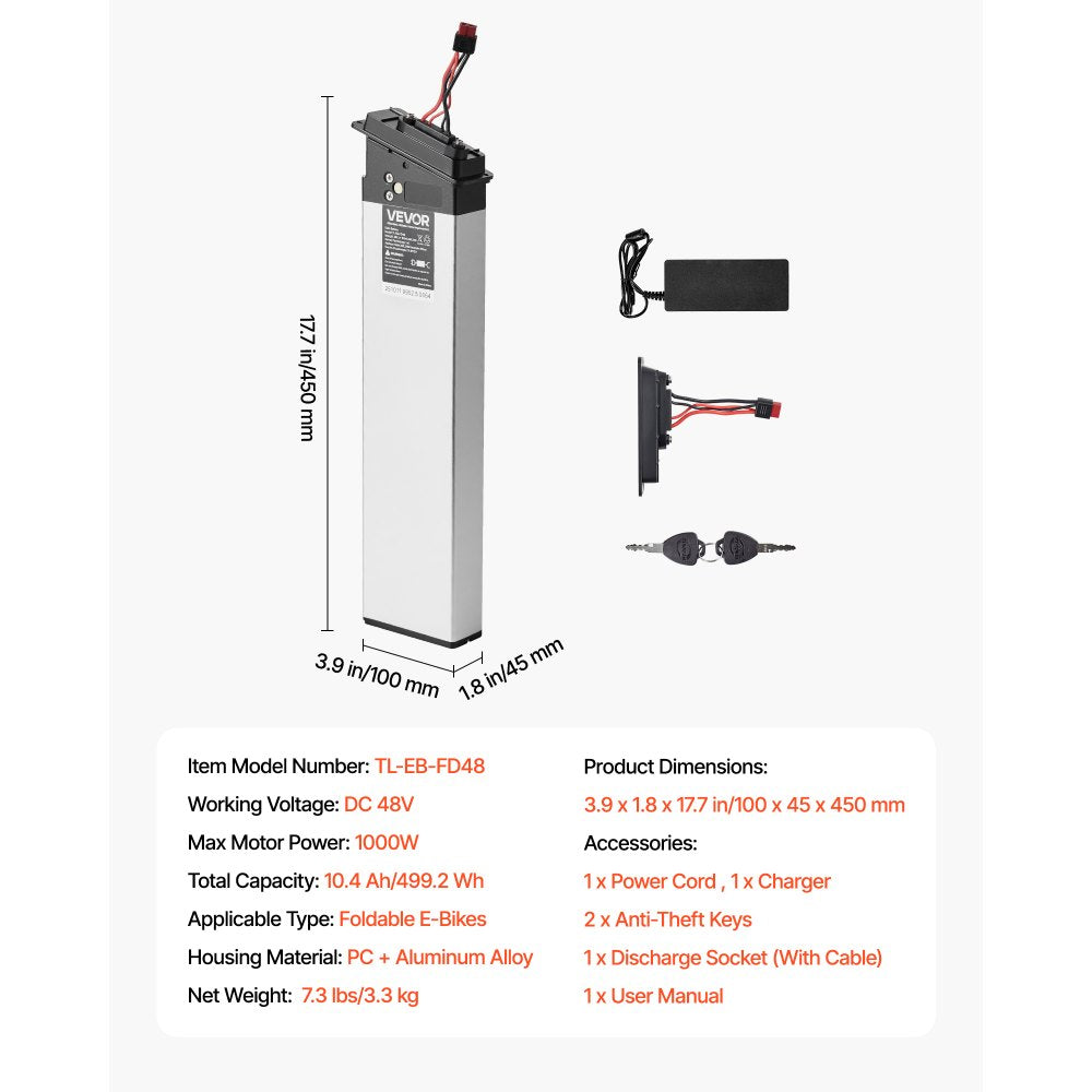 VEVOR Folding Ebike Battery, 48V 10.4Ah Electric Bike Lithium Battery Pack with BMS, 3A Charger, Lock for 1000W E-Bike Motor, Detachable Electric Bicycle Replacement Kit with Handle & Discharge Socket