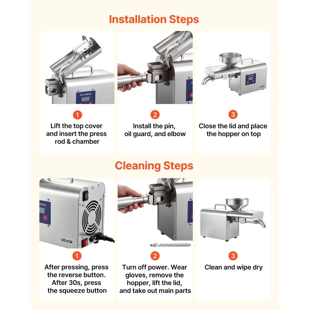 VEVOR Oil Press Machine, 8.27 LBS/H Capacity, 750W Oil Extractor Machine, Automatic Electric Oil Maker for Home Commercial Use, 122℉–572℉ Hot Pressing for Peanuts Sesames Soybeans Almonds