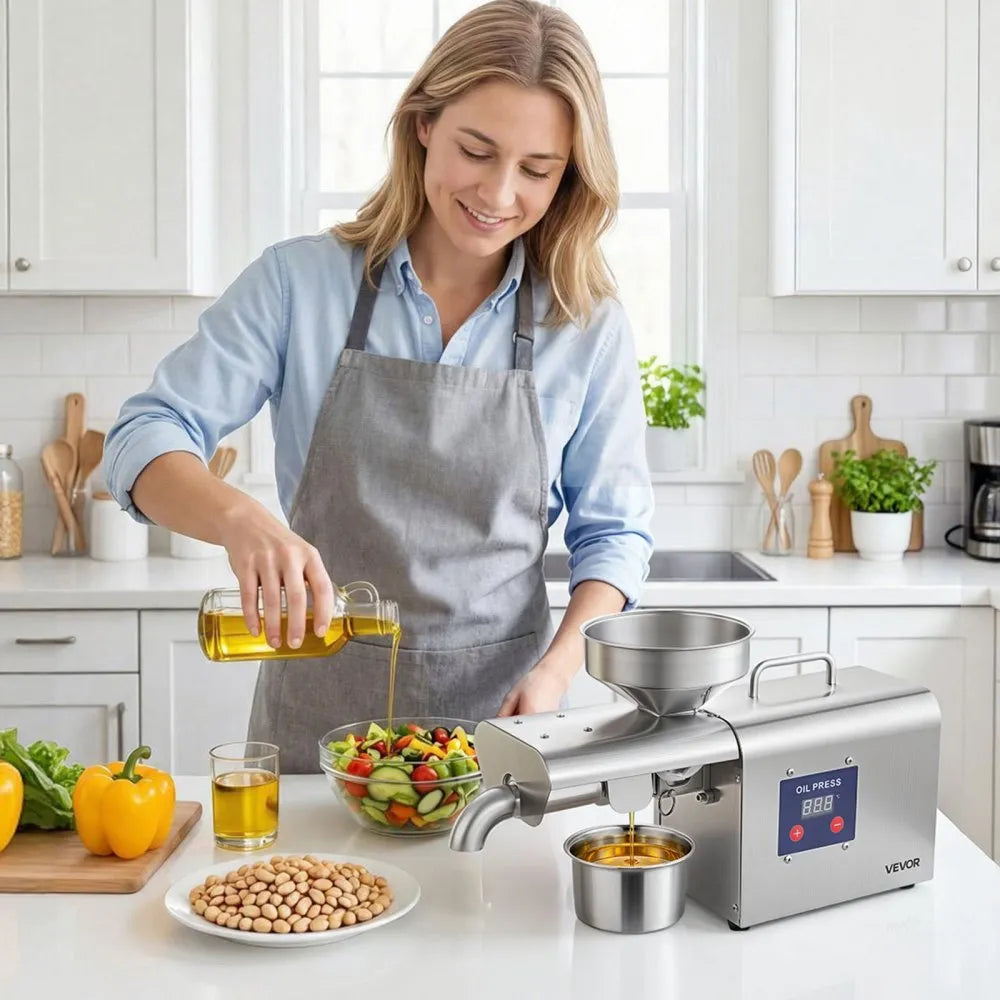 VEVOR Oil Press Machine, 8.27 LBS/H Capacity, 750W Oil Extractor Machine, Automatic Electric Oil Maker for Home Commercial Use, 122℉–572℉ Hot Pressing for Peanuts Sesames Soybeans Almonds