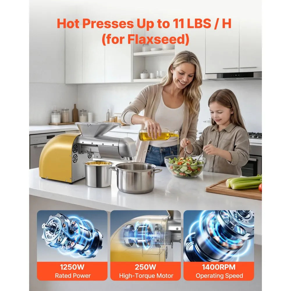 VEVOR Oil Press Machine, 11 LBS/H Capacity, 1250W Oil Extractor Machine, Automatic Electric Oil Maker for Home Commercial Use, 122℉–572℉ Hot & Cold Pressing for Peanuts Sesames Soybeans Almonds