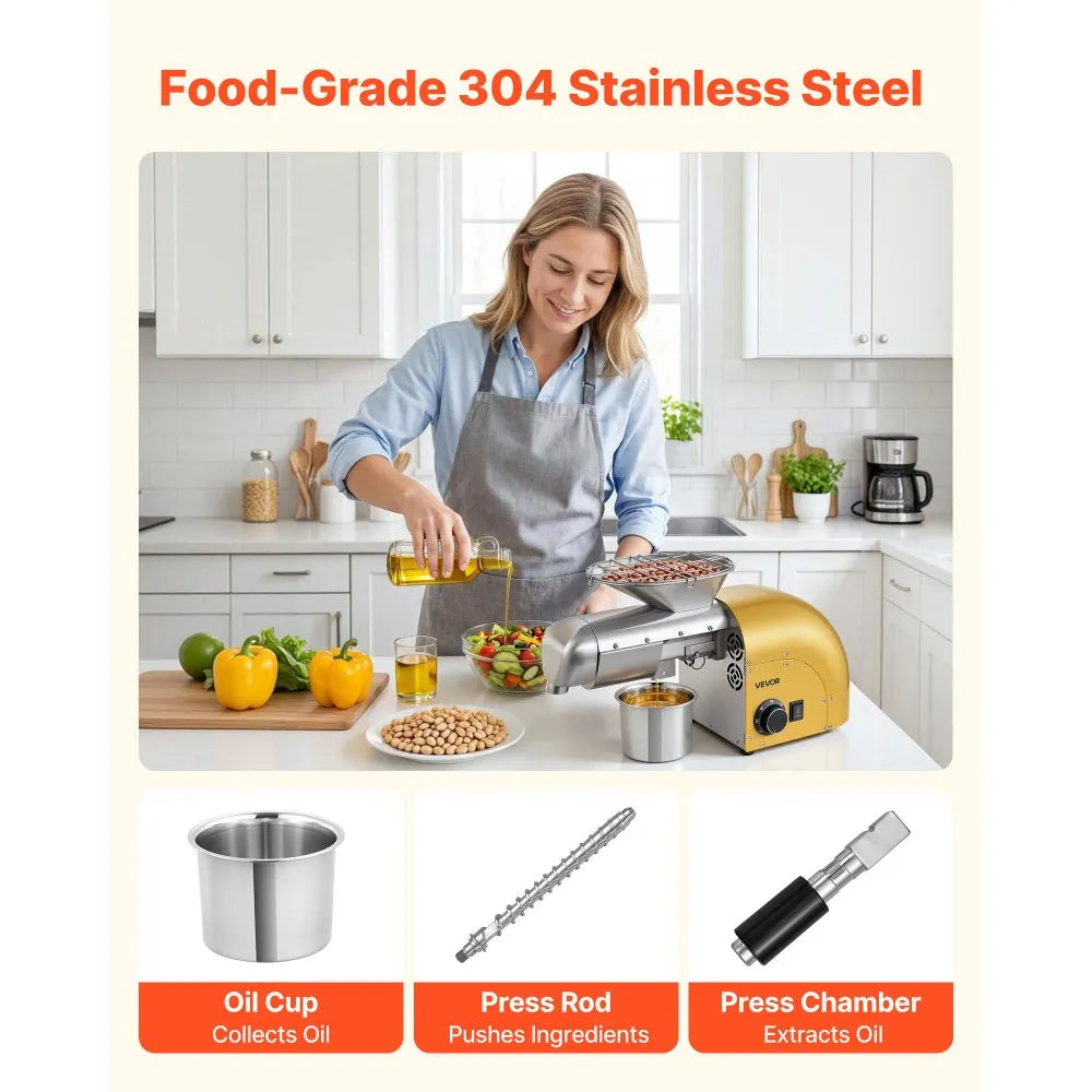 VEVOR Oil Press Machine, 11 LBS/H Capacity, 1250W Oil Extractor Machine, Automatic Electric Oil Maker for Home Commercial Use, 122℉–572℉ Hot & Cold Pressing for Peanuts Sesames Soybeans Almonds