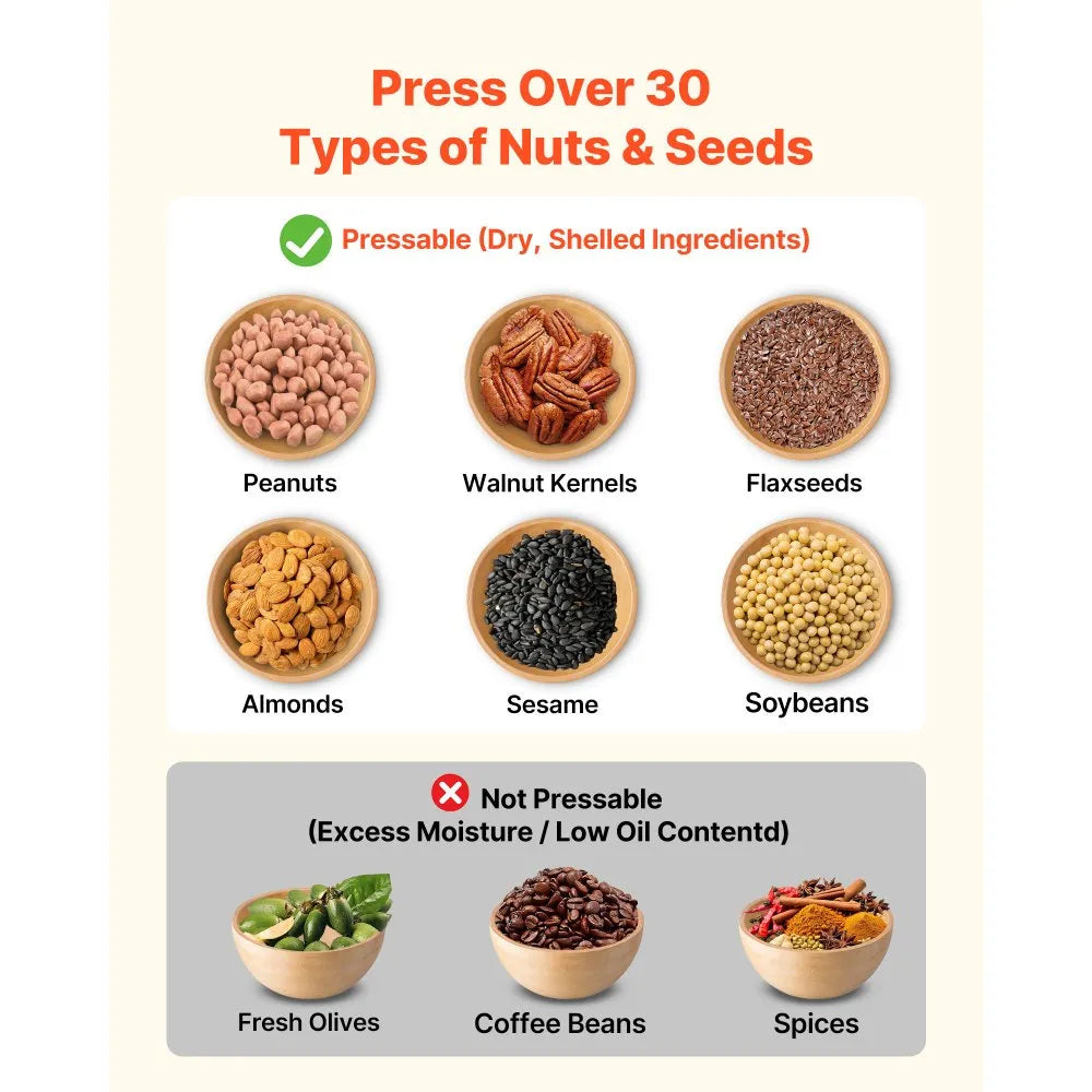 VEVOR Oil Press Machine, 11 LBS/H Capacity, 1250W Oil Extractor Machine, Automatic Electric Oil Maker for Home Commercial Use, 122℉–572℉ Hot & Cold Pressing for Peanuts Sesames Soybeans Almonds