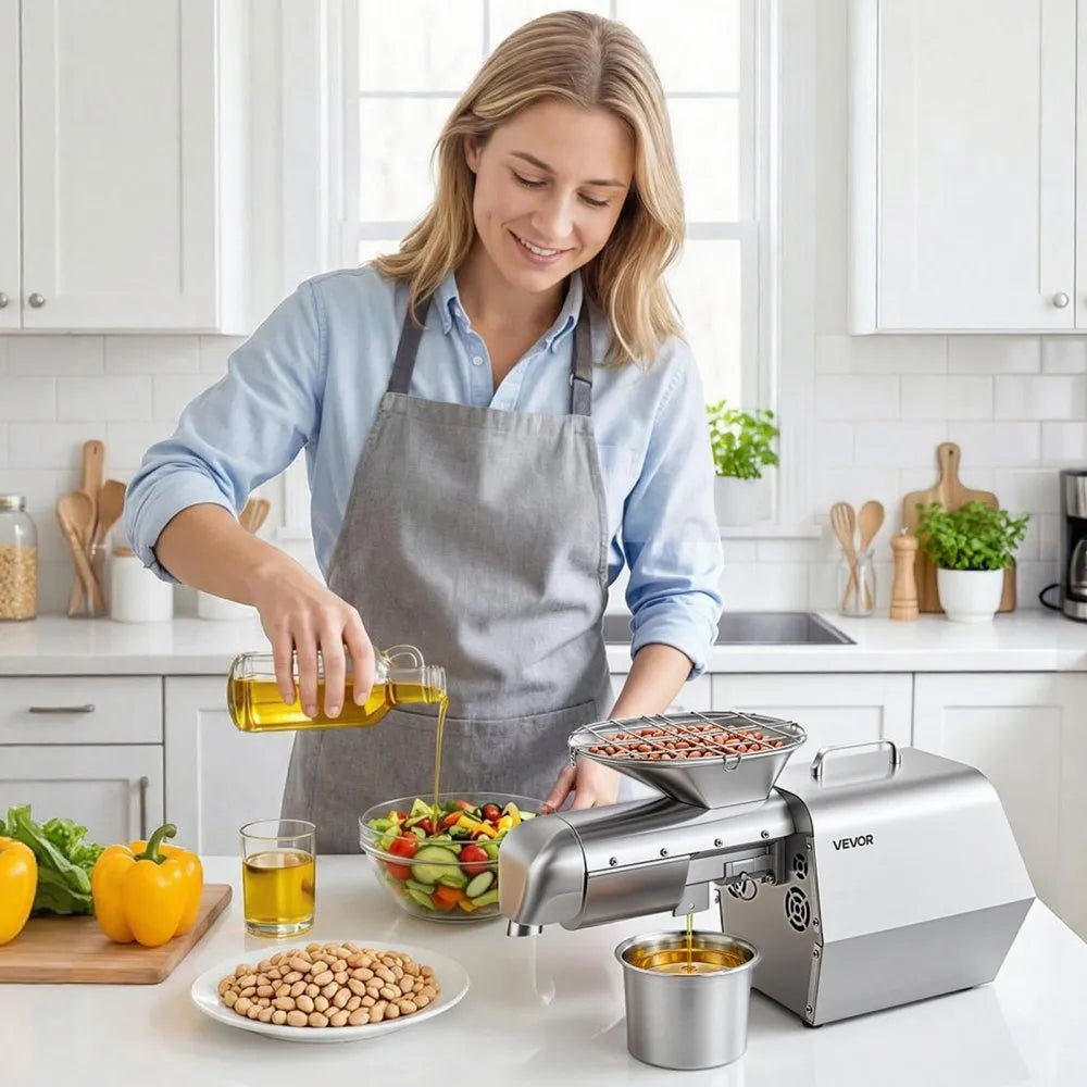 VEVOR Oil Press Machine, 11 LBS/H Capacity, 1250W Oil Extractor Machine, Automatic Electric Oil Maker for Home Commercial Use, 122℉–572℉ Hot & Cold Pressing for Peanuts Sesames Soybeans Almonds